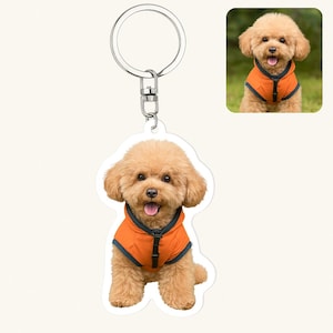 May include: A keychain with a light brown dog wearing an orange vest with a black trim. The keychain has a silver ring and clasp. A smaller image of the dog in the vest is in the upper right corner.