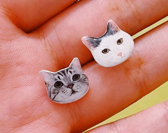 Custom Pet Portrait earrings and ring, Personalized Handmade Cat Dog Portrait earrings, Pet Face earrings, Artwork gift for her