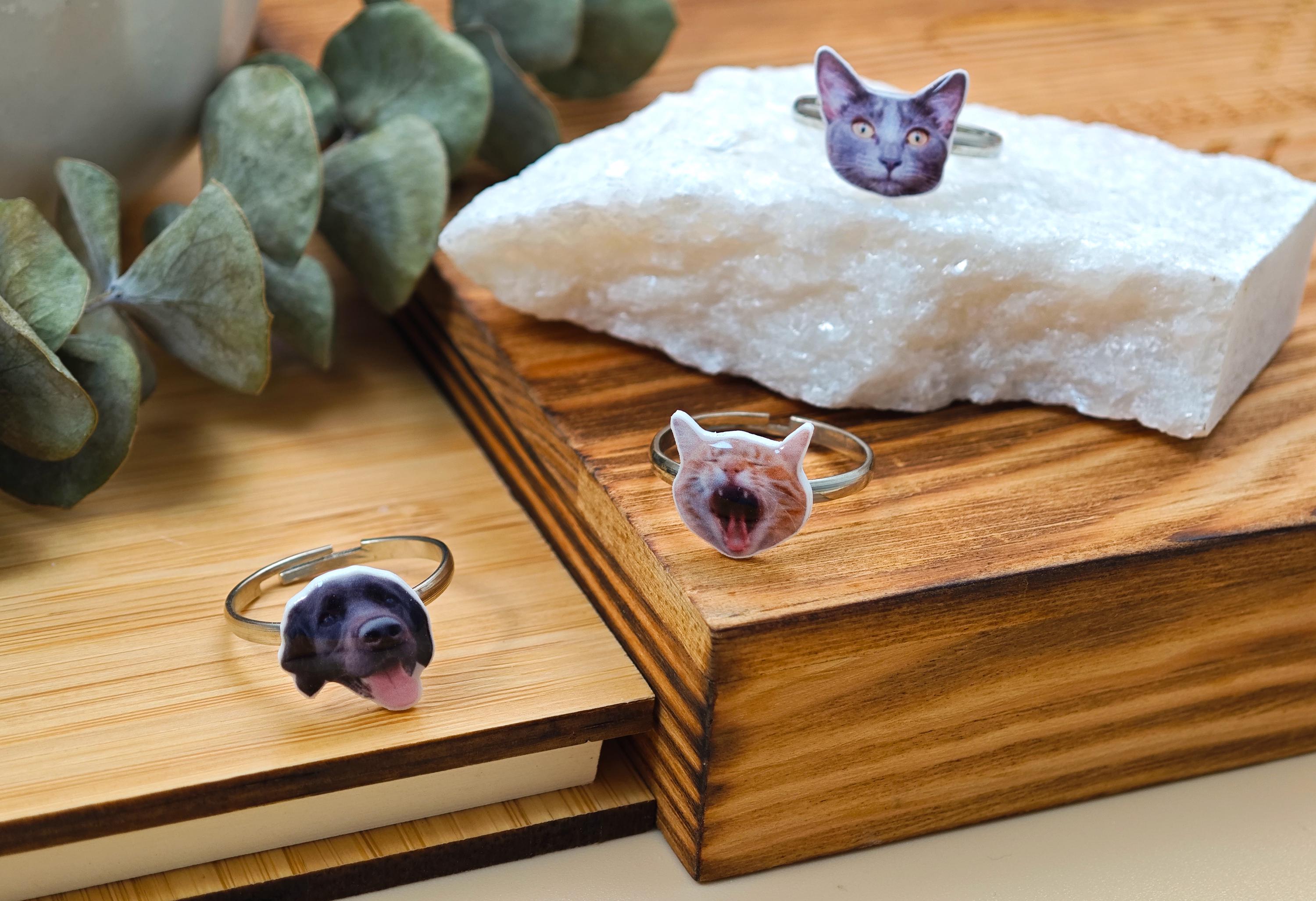 Custom Pet Portrait earrings and ring, Personalized Handmade Cat Dog Portrait earrings, Pet Face earrings, Artwork gift for her