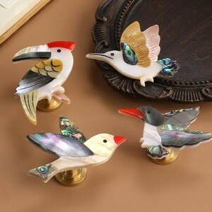 Bird Shape Abalone Shell Cabinet Knob, Brass Base Drawer Pull, Unique Tropical Dresser Hardware