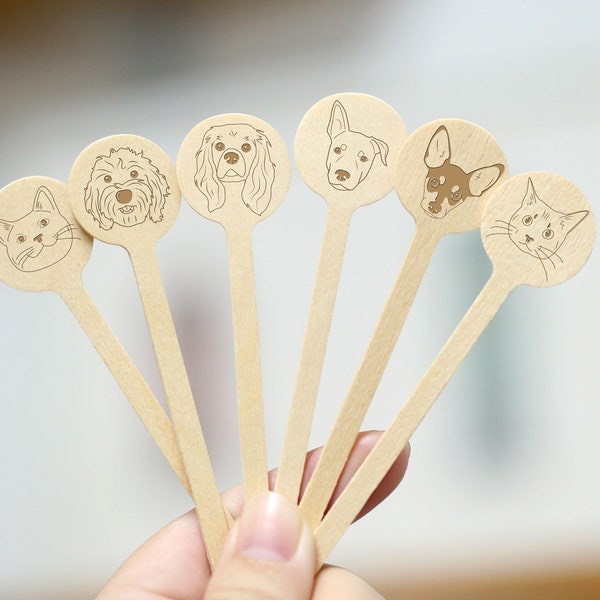 Personalized Dog Cat wood Cupcakes Toppers, Wood Engraved Cocktail sticks, Custom Pet Drink Stir Stick, Wedding Drink Sticks