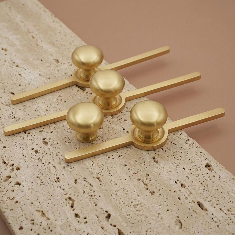 Solid Brass Knobs with back plate, long Gold Dresser Knob, pumpkin Cabinet Pull, unique drawer handle image 2