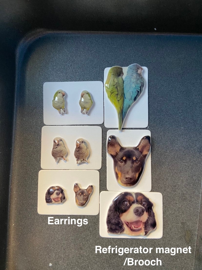 Custom Pet Portrait earrings and ring, Personalized Handmade Cat Dog Portrait earrings, Pet Face earrings, Artwork gift for her