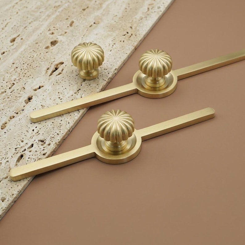 Solid Brass Knobs with back plate, long Gold Dresser Knob, pumpkin Cabinet Pull, unique drawer handle image 9