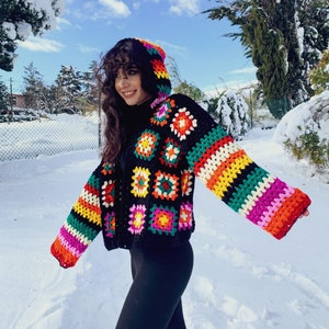 Funyarns, Rainbow Crochet Cardigan, Women Sweater Cardigan, Hand Crochet Jacket, Black Boho Jacket, Black Bohemian Jacket, Knit Jacket, image 1