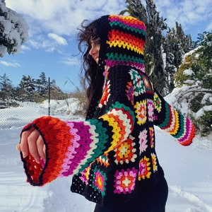 Funyarns, Rainbow Crochet Cardigan, Women Sweater Cardigan, Hand Crochet Jacket, Black Boho Jacket, Black Bohemian Jacket, Knit Jacket, image 2