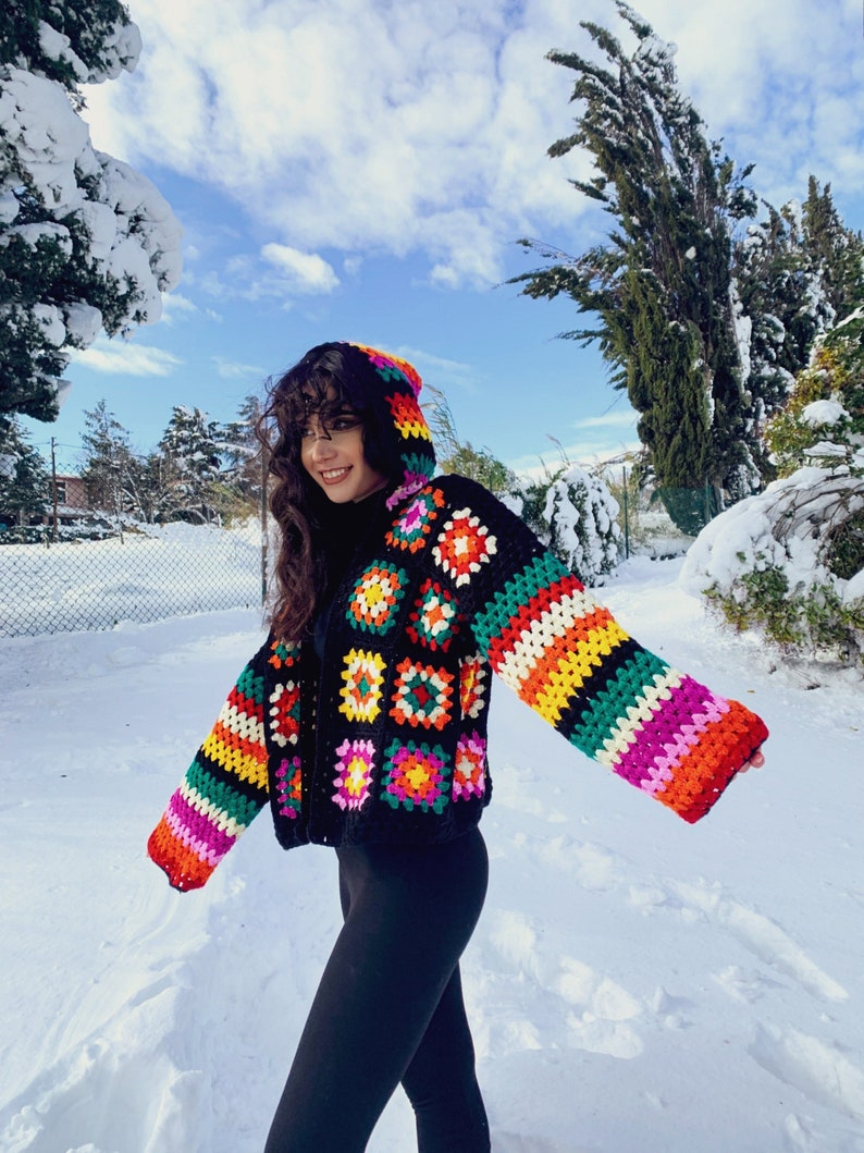 Funyarns, Rainbow Crochet Cardigan, Women Sweater Cardigan, Hand Crochet Jacket, Black Boho Jacket, Black Bohemian Jacket, Knit Jacket, image 1
