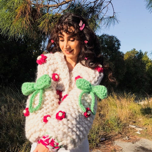 Funyarns, Cárdigan de margaritas con lazo, Chaqueta de punto con margaritas, Cárdigan de margaritas rosas, Cárdigan floral, Cárdigan con lazo, Estilo Harajuku, Pastel grueso