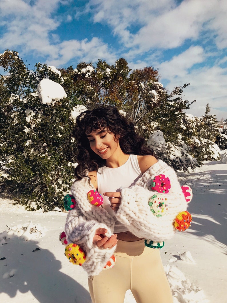 Funyarns, Donuts Lovers Cardigan, Doughnuts Cardigan, Donuts Knit Jacket, Handmade & Unique, Donuts Cardigan for Women, Christmas Gift, Pink image 3