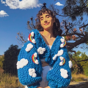 Funyarns, 3D Cloud Chunky Cardigan, 3D Rainbow Cardigan, Cloud Knit Jacket, 3D Fluffy Cloud, 3D Fluffy Rainbow, Rainbow Crochet Hair Clasp,