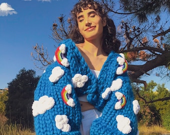 Funyarns, 3D Cloud Chunky Cardigan, 3D Rainbow Cardigan, Wolkenstrickjacke, 3D Fluffy Cloud, 3D Fluffy Rainbow, Regenbogen Häkelhaarspange,