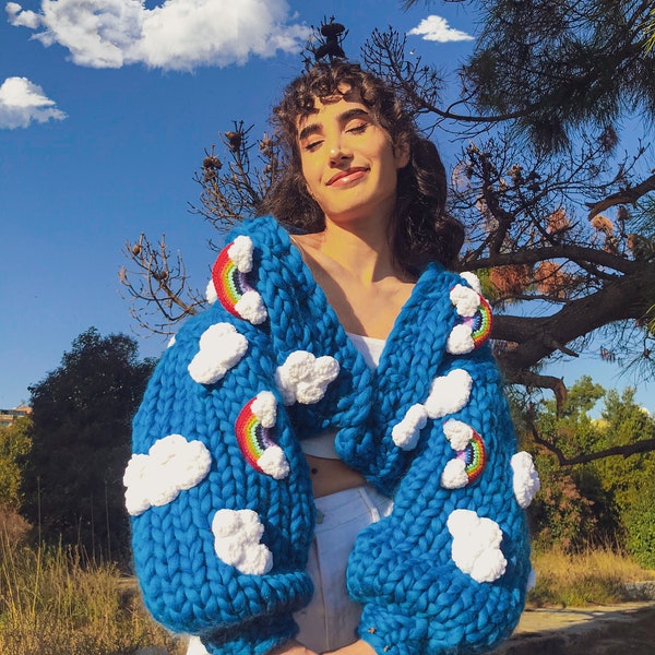 Funyarns, 3D Cloud Chunky Cardigan, 3D Rainbow Cardigan, Wolkenstrickjacke, 3D Fluffy Cloud, 3D Fluffy Rainbow, Regenbogen Häkelhaarspange,