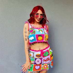 Funyarns Rainbow Patchwork Crochet Skirt, Patchwork Summer Mini Skirt, Multicolored Skirt, Coachella Crochet Skirt, Rainbow Color Skirt
