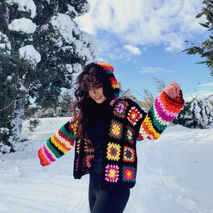 Funyarns, Rainbow Crochet Cardigan, Women Sweater Cardigan, Hand Crochet Jacket, Black Boho Jacket, Black Bohemian Jacket, Knit Jacket, image 4