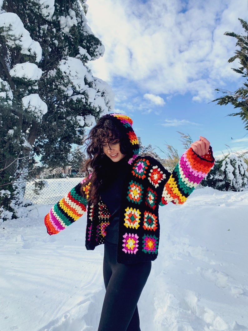 Funyarns, Rainbow Crochet Cardigan, Women Sweater Cardigan, Hand Crochet Jacket, Black Boho Jacket, Black Bohemian Jacket, Knit Jacket, image 4