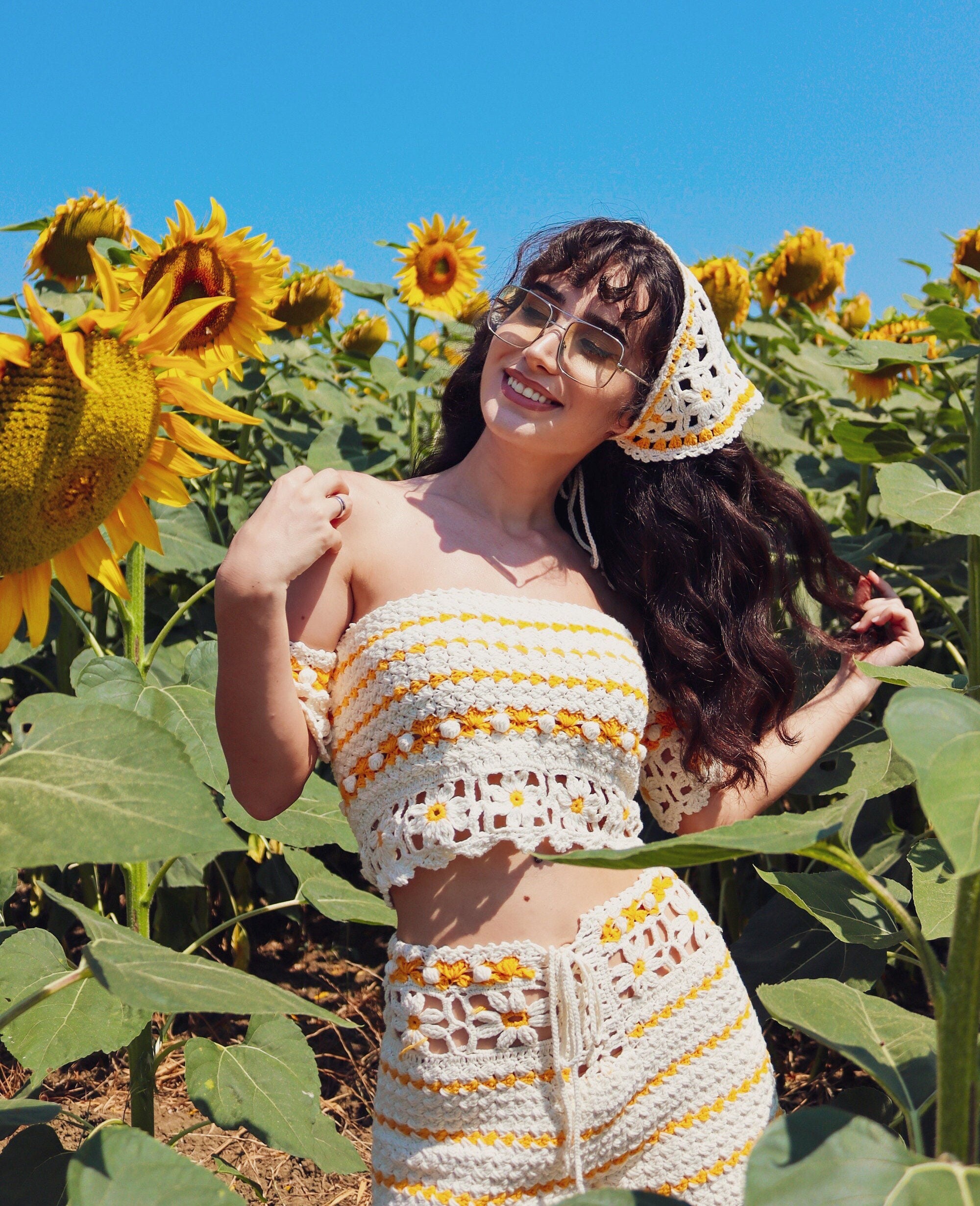 Funyarns Daisy Crochet Set, Daisy Crochet Top, Daisy Crochet Short, Cottagecore Dress, Bohemian Set, Daisy Crochet Bandana, Hippie Set