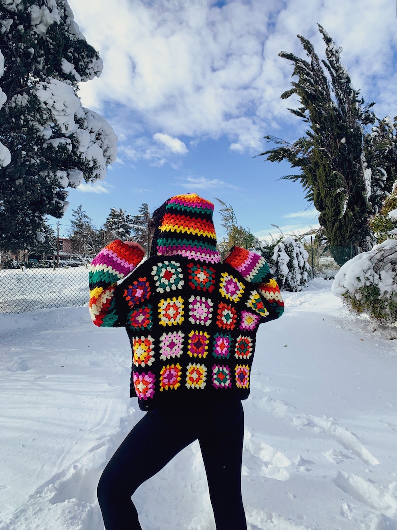 Funyarns, Rainbow Crochet Cardigan, Women Sweater Cardigan, Hand Crochet Jacket, Black Boho Jacket, Black Bohemian Jacket, Knit Jacket, image 3
