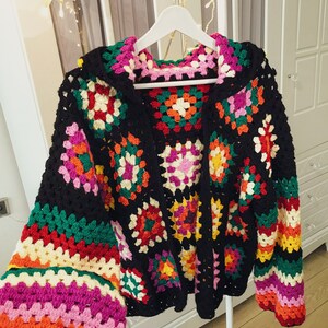 Funyarns, Rainbow Crochet Cardigan, Women Sweater Cardigan, Hand Crochet Jacket, Black Boho Jacket, Black Bohemian Jacket, Knit Jacket, image 5
