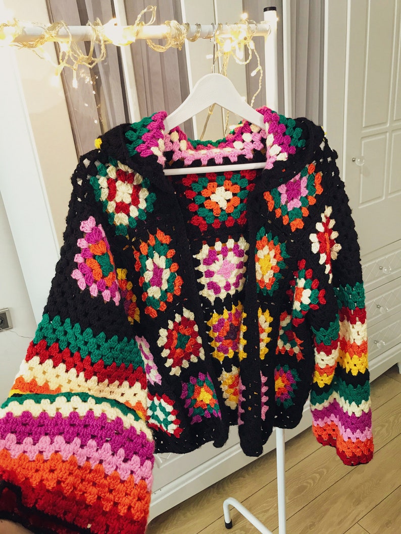 Funyarns, Rainbow Crochet Cardigan, Women Sweater Cardigan, Hand Crochet Jacket, Black Boho Jacket, Black Bohemian Jacket, Knit Jacket, image 5