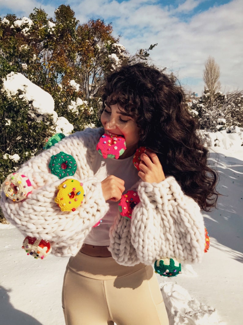 Funyarns, Donuts Lovers Cardigan, Doughnuts Cardigan, Donuts Knit Jacket, Handmade & Unique, Donuts Cardigan for Women, Christmas Gift, Pink image 4