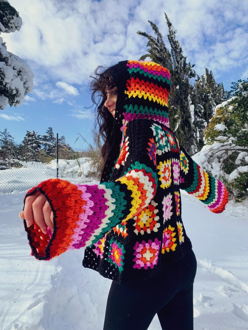 Funyarns, Rainbow Crochet Cardigan, Women Sweater Cardigan, Hand Crochet Jacket, Black Boho Jacket, Black Bohemian Jacket, Knit Jacket, image 2