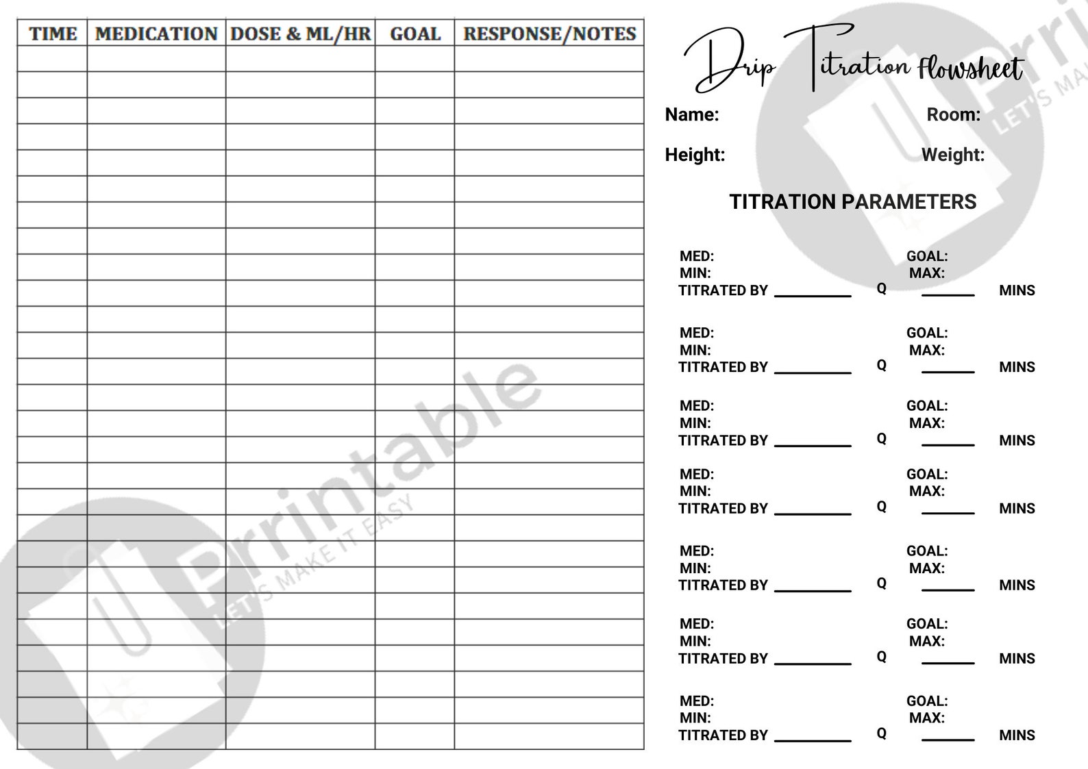 Nursing Drip Titration Flowsheet Nursing Student Titration Etsy Australia