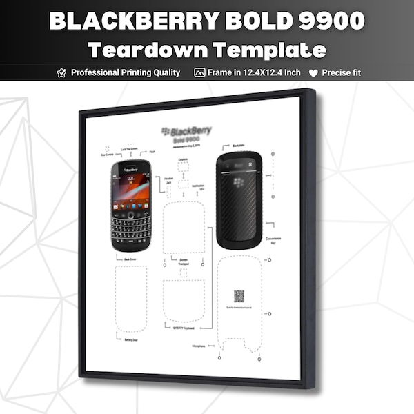 Blackberry Bold 9900 Teardown-Vorlage herunterladen, Bold 9900-Demontagerahmen, hochwertige Teardown-Vorlagen für BB Bold 9900 PDF PNG