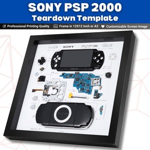 Descarga de plantilla de desmontaje de PSP 2000, arte deconstruido de PlayStation Portable, decoración desmontada para jugadores, decoración de pared para jugadores, PSP enmarcada