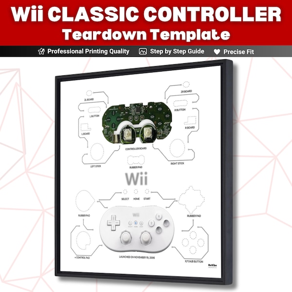 Wii Classic Controller Teardown Template Download , 2006 Wii Classic Gamepad Teardown Template , Disassembled Retro Game Controller