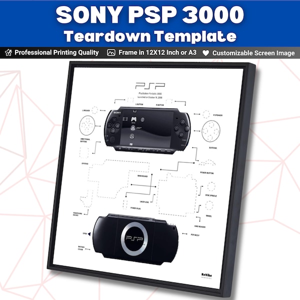 PSP 3000 Teardown Art , PlayStation Portable Deconstructed , Disassembled Sony PSP 3000 , Gift for Gamers , PSP Tech Art Frame Print File