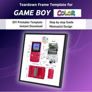 Game Boy Color Teardown Template | Download Print Ready Gameboy Art | 1998 Gameboy Color Tech Art | Gameboy 1998 Color Disassembled Frame