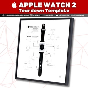 Download Apple Watch 2 Teardown Template , Disassemble Art for Apple Watch Series 2 , 42mm Apple Watch Framed , Apple Collection Tech Gift