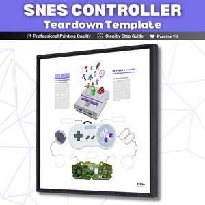 SNES Controller Teardown Template Download , 1990 SNES Game Console Gamepad Teardown Template , Disassembled Retro Game Controller Frame Art