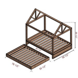 May include: A wooden house-shaped bed frame with a trundle bed. The bed frame is 89 1/2 inches tall, 82 1/2 inches wide, and 58 1/2 inches deep. The trundle bed is 76 1/2 inches long and 55 1/2 inches wide.