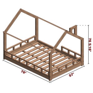 Può includere: Un telaio per letto in legno a forma di casa con supporto a doghe e una base di 78 pollici per 57 pollici. Il telaio è alto 76 5/16 pollici.