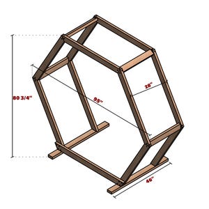 May include: A wooden hexagonal archway with a 46 inch base, 28 inch width, and 80 3/4 inch height. The archway is made of brown wood and has a simple design.