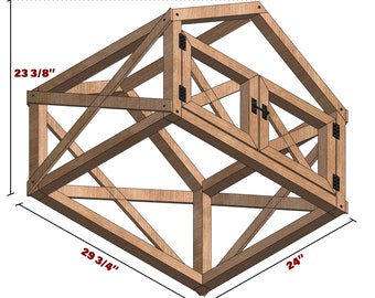 Peut inclure: Une structure de serre ou de jardin en bois. La structure est en bois naturel et a une base rectangulaire avec un toit en pente. La structure mesure 75,5 cm par 61 cm par 59,3 cm.