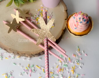 Starfish Party Straws: Gold Glitter Sea Star, Pink Chevron - 12ct