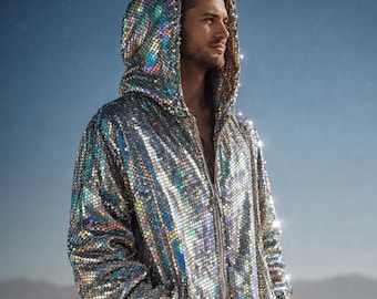 Holographischer Pailletten-Reißverschluss-Hoodie: Silber-irisierende Festival-Jacke