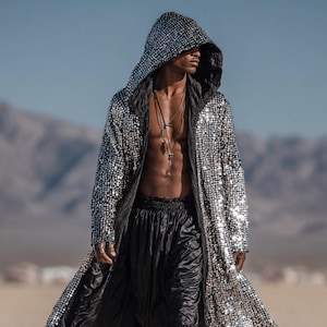 Men's Silver Sequin Duster Coat: Luxury Satin Lined Festival Kimono