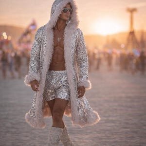 May include: A silver sequined hooded coat with faux fur trim, paired with matching shorts and cream-coloured boots. The outfit is worn in an outdoor setting with a warm, sunset-like glow.