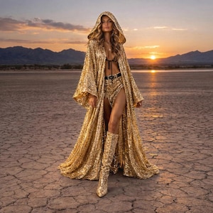 Gold Pailletten Duster-Mantel | Satin gefütterter Kaftan | Benutzerdefinierte Länge Festival Outfit