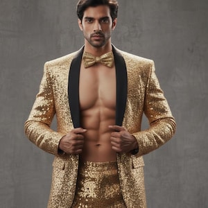 Puede incluir: Un blazer dorado con lentejuelas, solapa negra y pajarita a juego. La chaqueta está abierta, revelando un torso desnudo. El conjunto se completa con pantalones dorados con lentejuelas. El conjunto se presenta sobre un fondo gris.