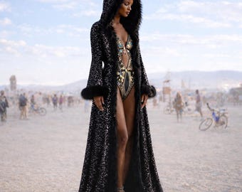 Black Sequin Hooded Kaftan – Faux Fur Gothic Cloak