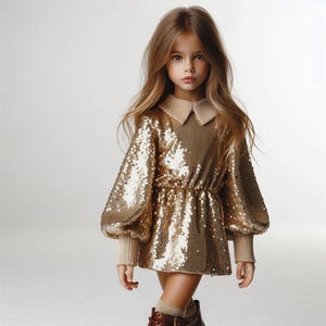 Gold Sequin Dress with Beige Ribbed Collar - Puffy Sleeves for Girls Special Occasion Wear