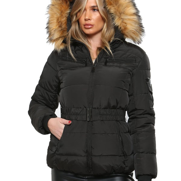 kraftd Vestes d’hiver pour femmes Manteau court capuchonné rembourré avec capuche détachable en fausse fourrure