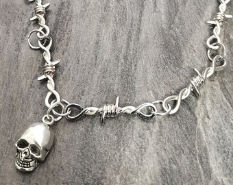 Gargantilla de alambre de púas de calavera, collar de alambre de púas de calavera, collar de hombre de calavera, collar de alambre de púas de plata de calavera, collar de alambre de púas punk,