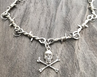 Collar de calavera y tibias cruzadas, collar de alambre de púas de calavera, collar de hombre de calavera, collar de alambre de púas de plata de calavera, collar de alambre de púas punk