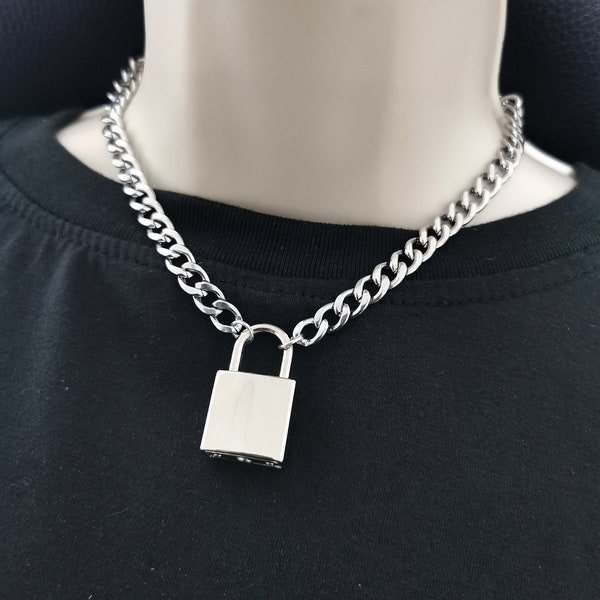Statement  Chain Necklace, Chunky Curb Chain, Chunky padlock necklace, Padlock choker necklaces, Stainless steel padlock necklace,