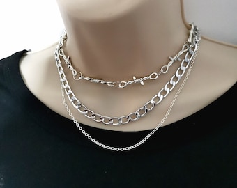 Barbed wire choker, barbed wire necklace, barb wire jewelry, chunky punk necklace,layering necklace set,layering choker,set of 3,90s jewelry